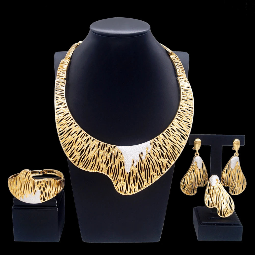 Women's Jewelry Set-Italian Gold Plated Round Two Tone Bracelet Earrings Ring