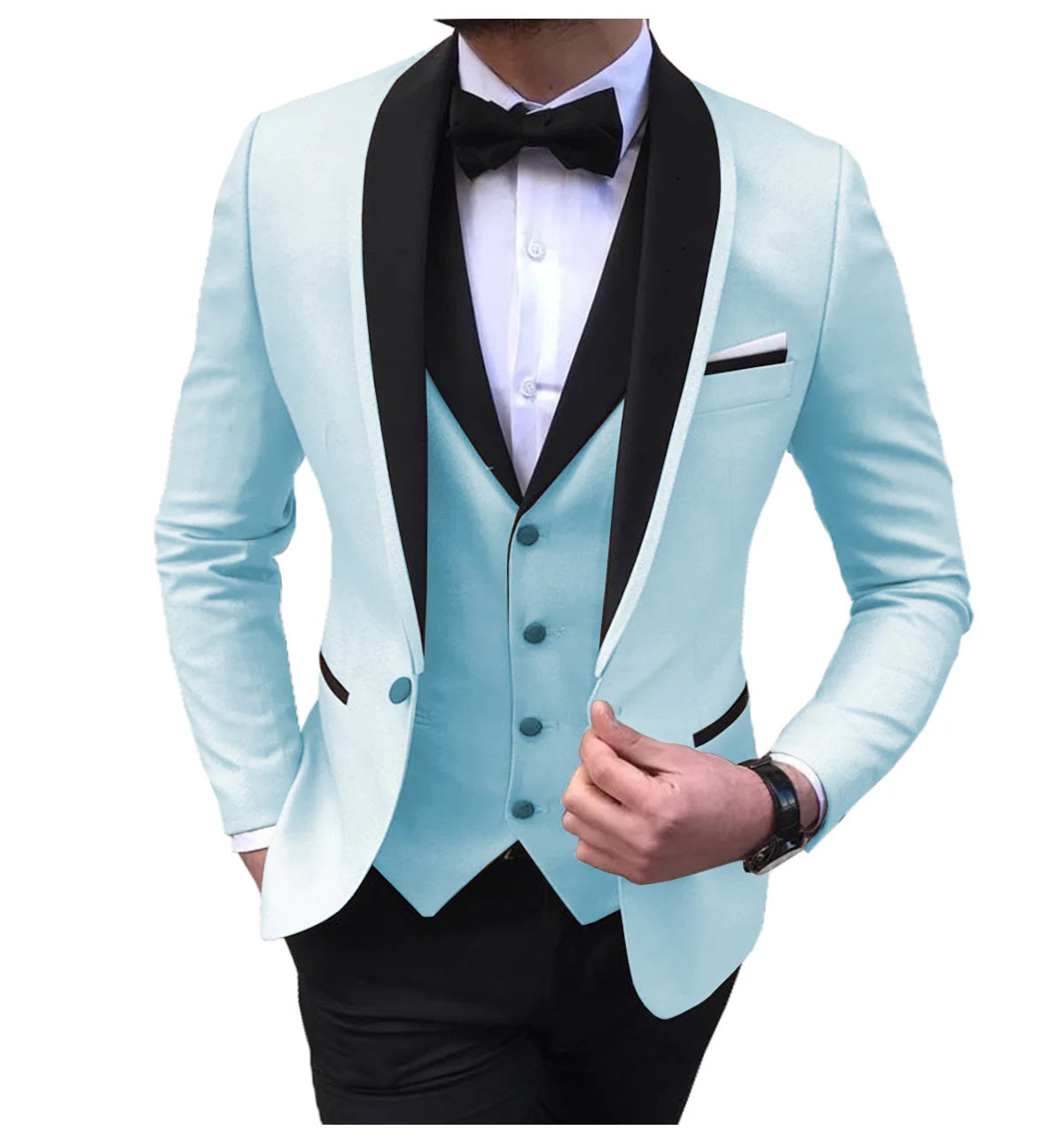 White Slit Men's Suits 3 Piece Black Shawl Lapel Casual Groom Tuxedo