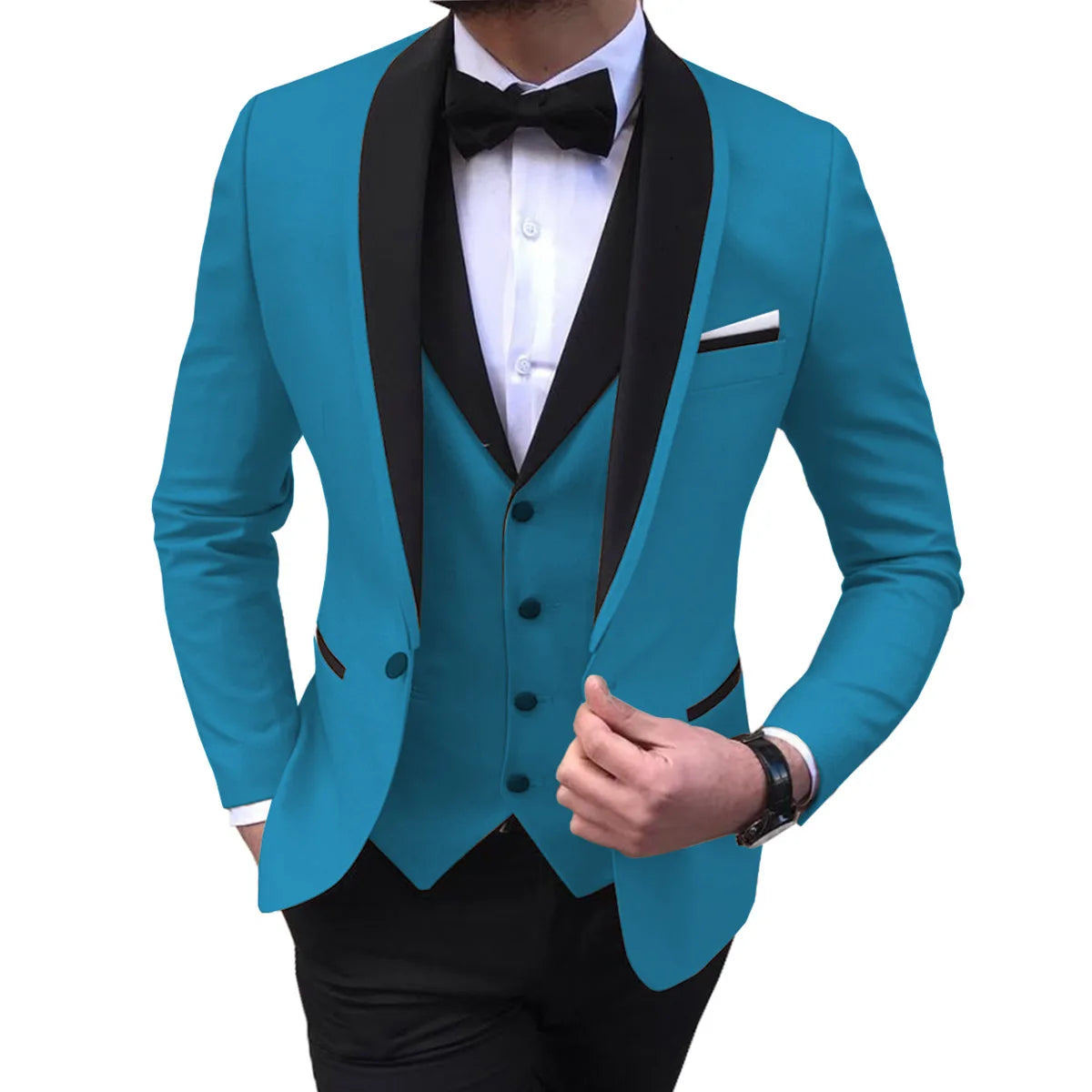 White Slit Men's Suits 3 Piece Black Shawl Lapel Casual Groom Tuxedo
