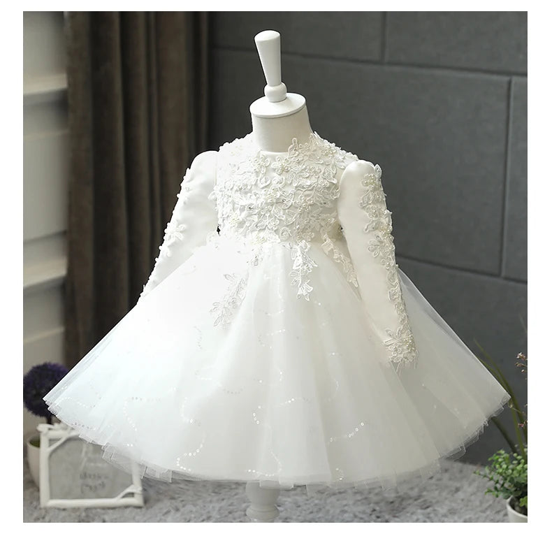 Sequin Tulle Baby Girl Dresses-Birthday Dress Long Sleeve-Baptism Christening Gown