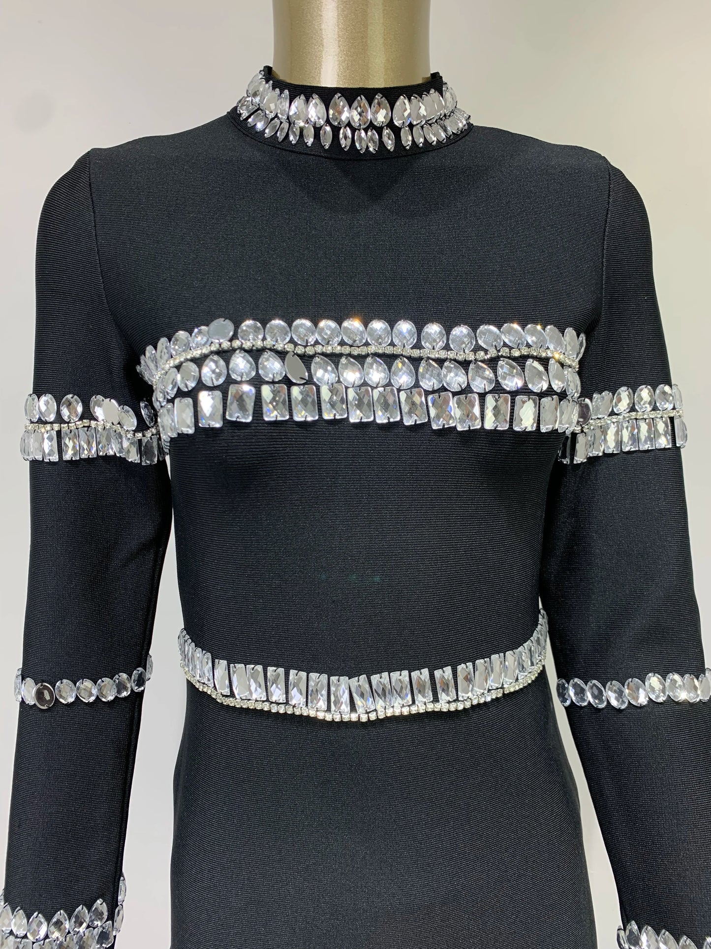 Women's Turtleneck Beaded Long Sleeve Black Mini Bandage Dress