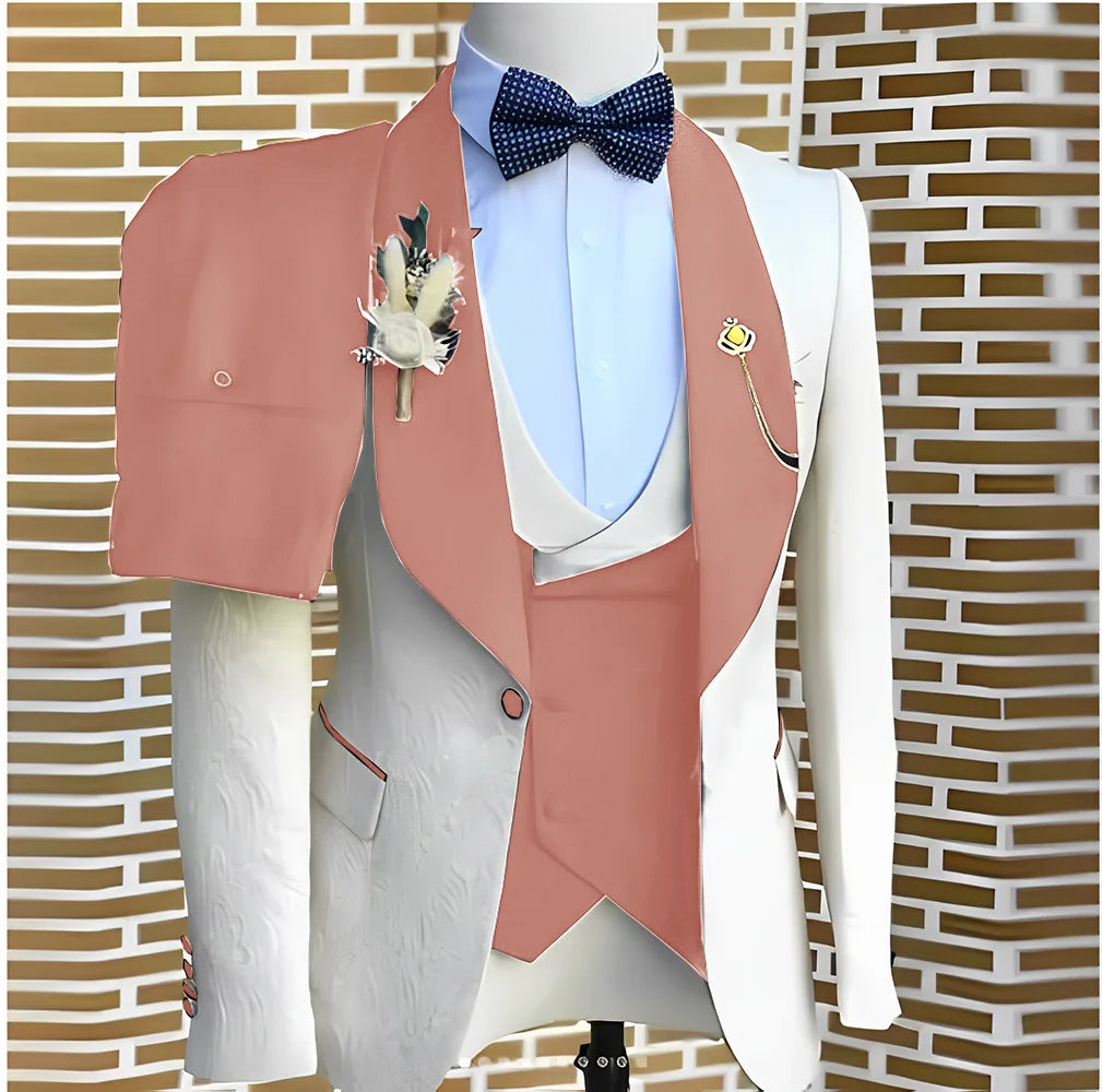 Elegant White Jacquard Suits- Formal Jacket Vest Pants 3 Pieces