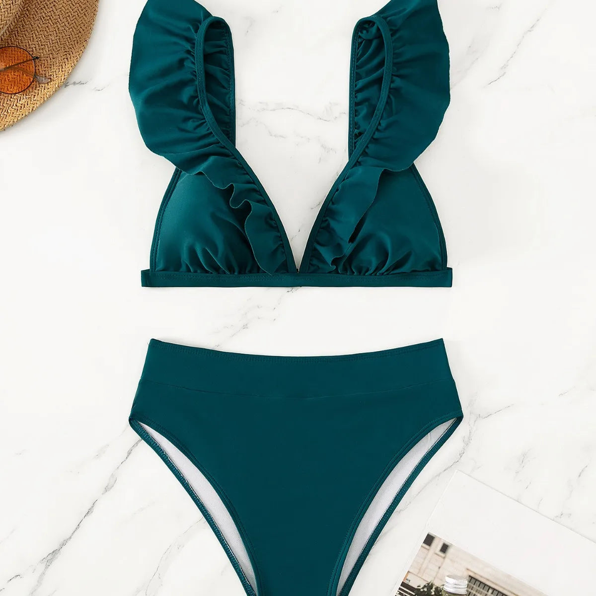 Solid Ruffle-Trimmed Bikini Set Women's Beach Two-Piece Bikini Swimwear