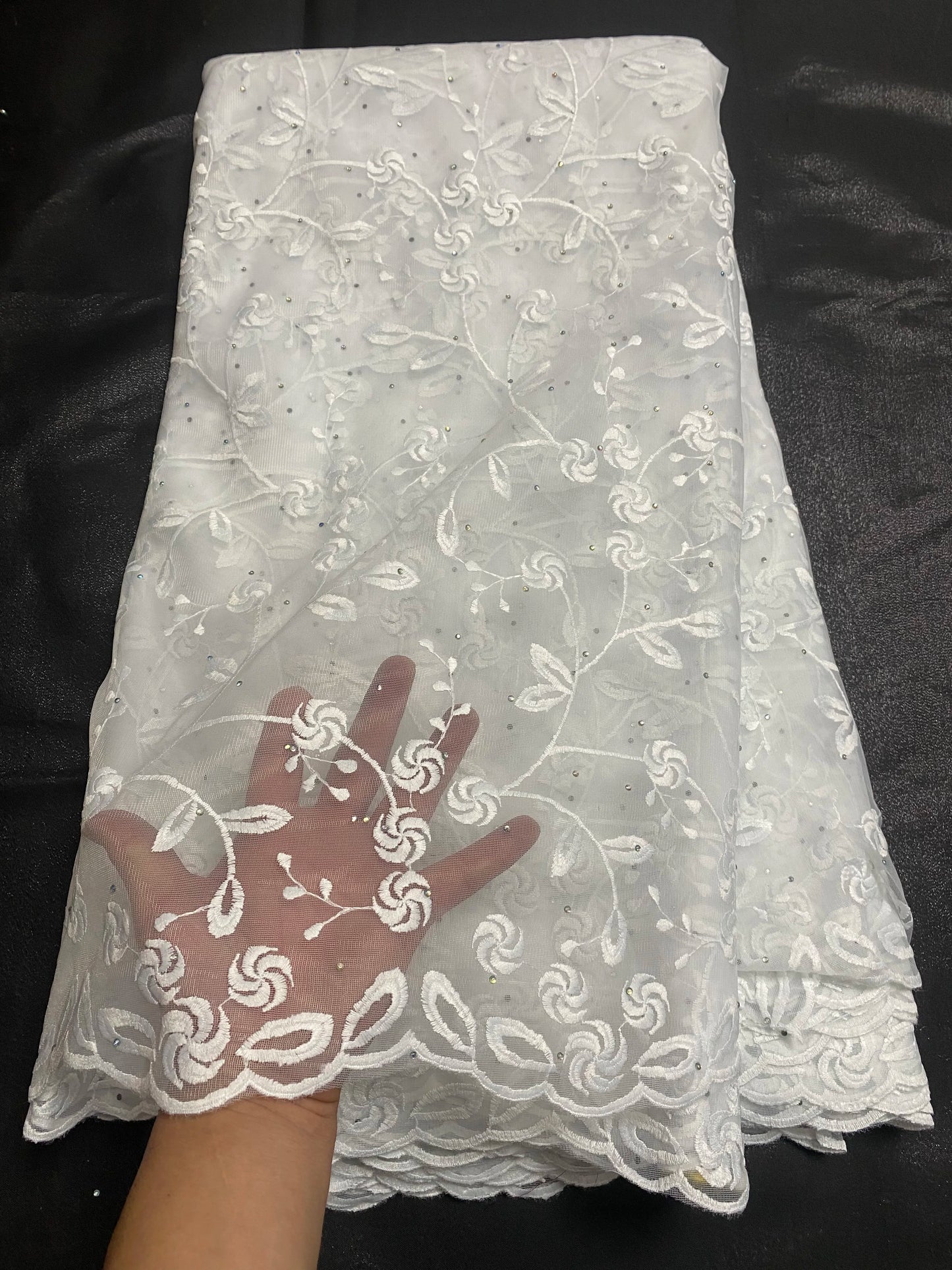 French Lace Fabric with Stones-African Tulle Embroidered Tissu for Women Dress 5 Yards