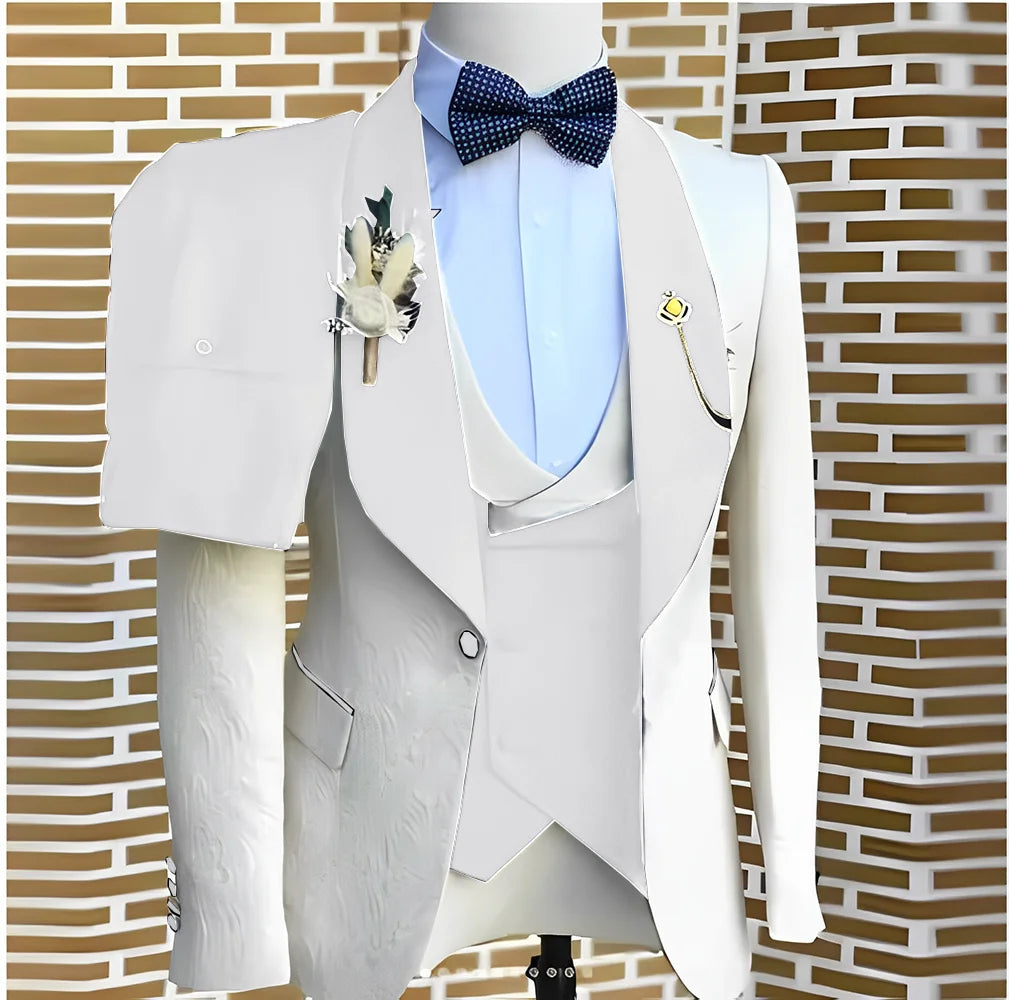 Elegant White Jacquard Suits- Formal Jacket Vest Pants 3 Pieces