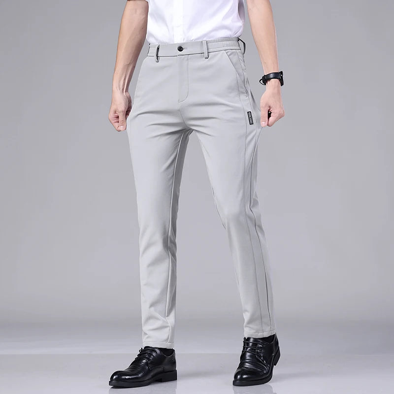 Ultra-thin Elastic Men's Casual Trousers-Summer Quick-drying Ice Silk Slim Straight Business Trousers