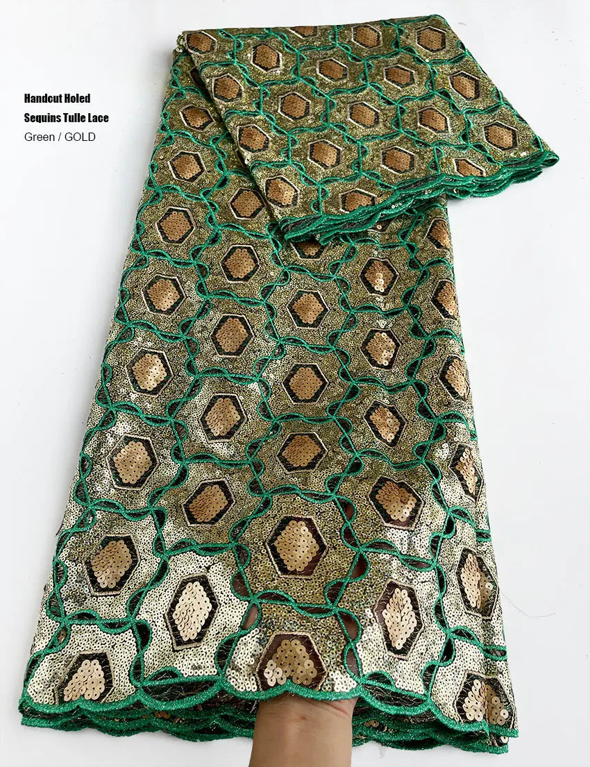 Handcut Embroidered Tulle Lace African French Mesh Fabric with Sequins