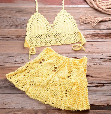 Two-piece Crochet Women's Bikini Set Cover Up Swimsuit Swim Skirt