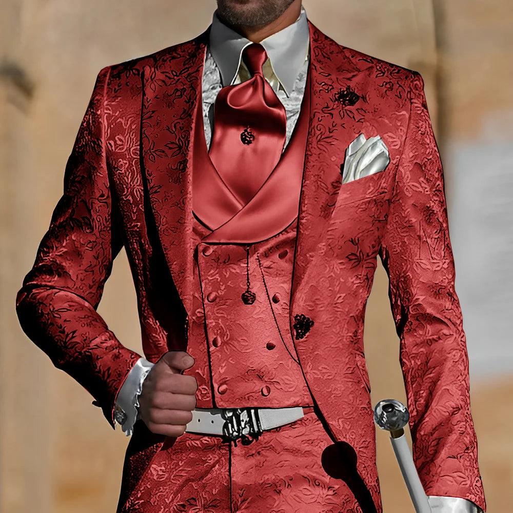 Wedding Tuxedos-Jacquard Men Suits Peaked Lapel 4 Piece Set Jacket Vest Pants