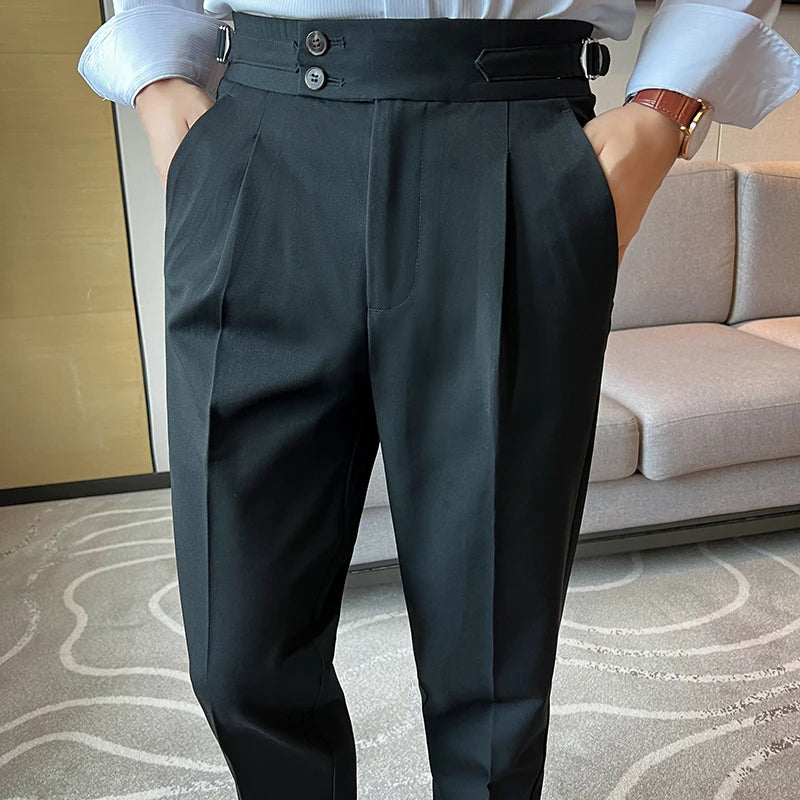 Neapolitan Men's Pants, Slim Fit Casual Trousers, Blue Vintage High Wai