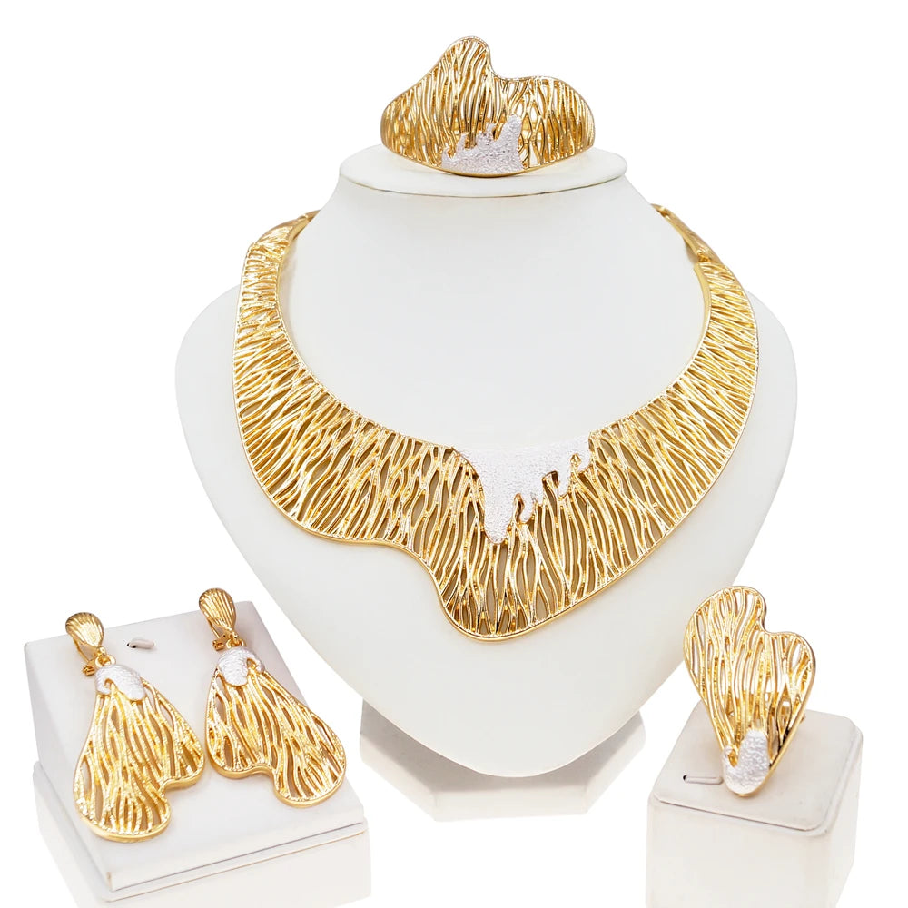 Women's Jewelry Set-Italian Gold Plated Round Two Tone Bracelet Earrings Ring