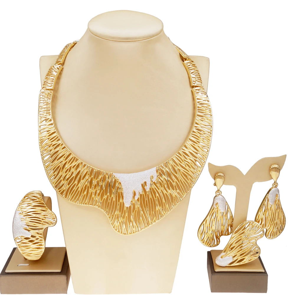 Women's Jewelry Set-Italian Gold Plated Round Two Tone Bracelet Earrings Ring