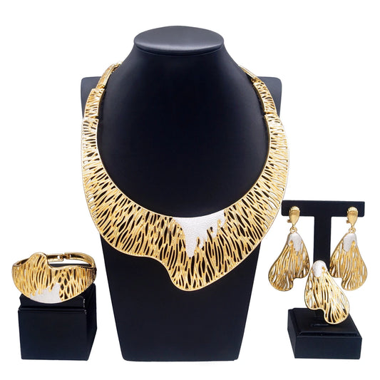 Women's Jewelry Set-Italian Gold Plated Round Two Tone Bracelet Earrings Ring
