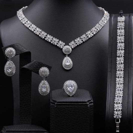 Luxury Wedding Indian Bridal Jewelry Set: Snowflake Design with Cubic Zirconia - Necklace and Earrings (4 pcs) for Women