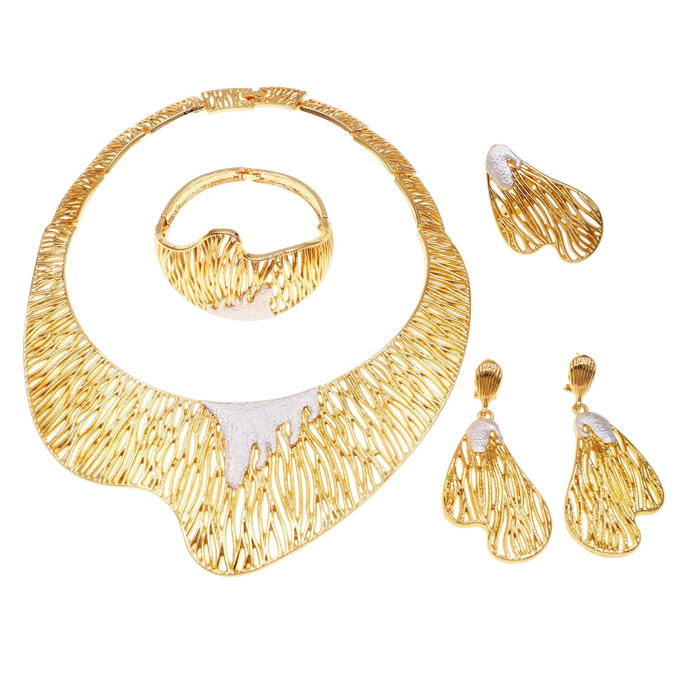 Women's Jewelry Set-Italian Gold Plated Round Two Tone Bracelet Earrings Ring