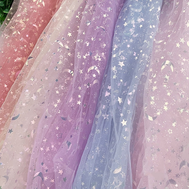 100x150cm Soft Tulle Fabric Iridescent Star & Moon Mesh