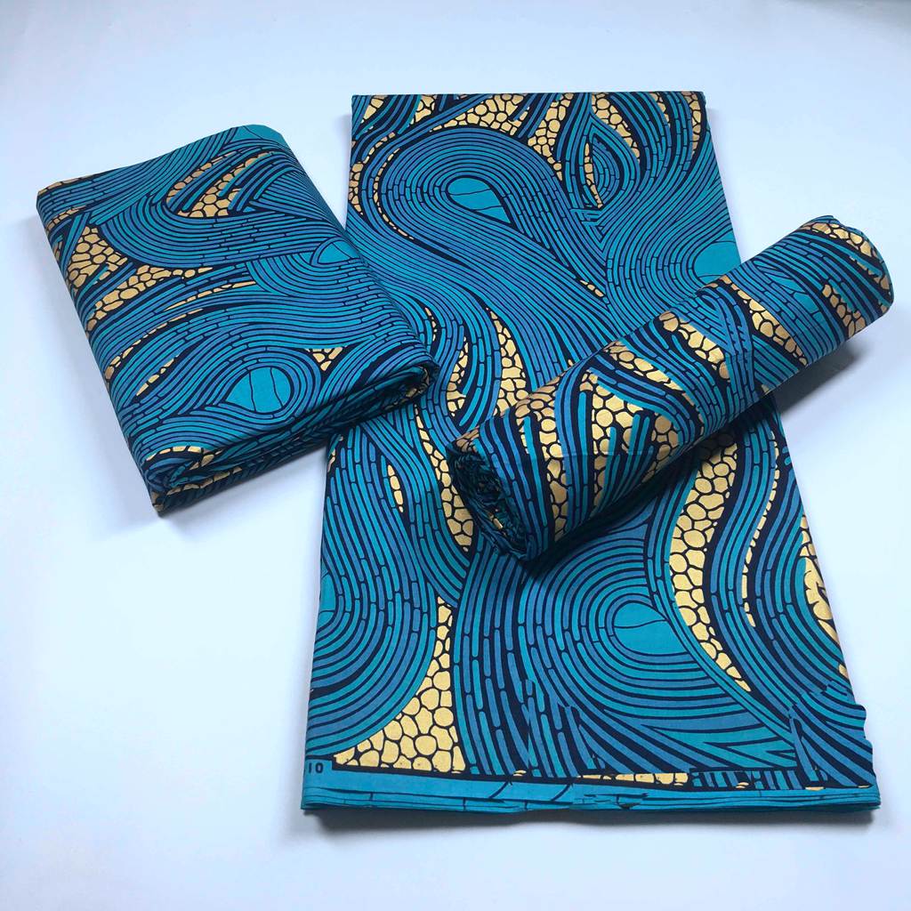 Tissu Wax Bleu Africain, Matériaux Wax Ankara Dorés Nigérians de Haute Qualité 6Yards/pcs