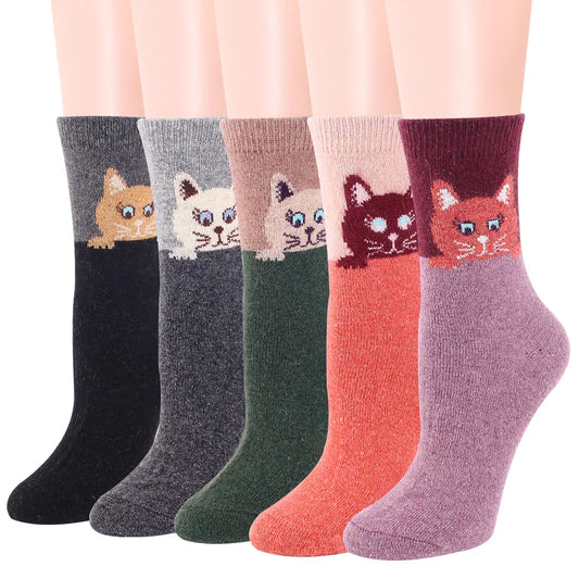 5 Pairs Winter Women's Wool Socks Animal Warm Thick Cozy Knit Casual Mid Tube Boot Socks