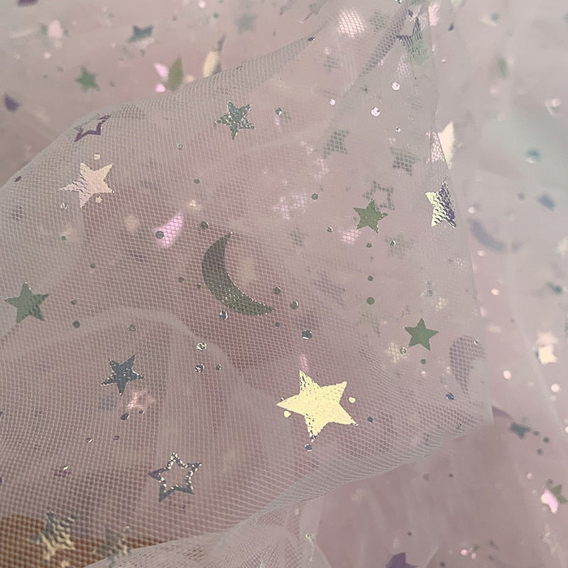 100x150cm Soft Tulle Fabric Iridescent Star & Moon Mesh