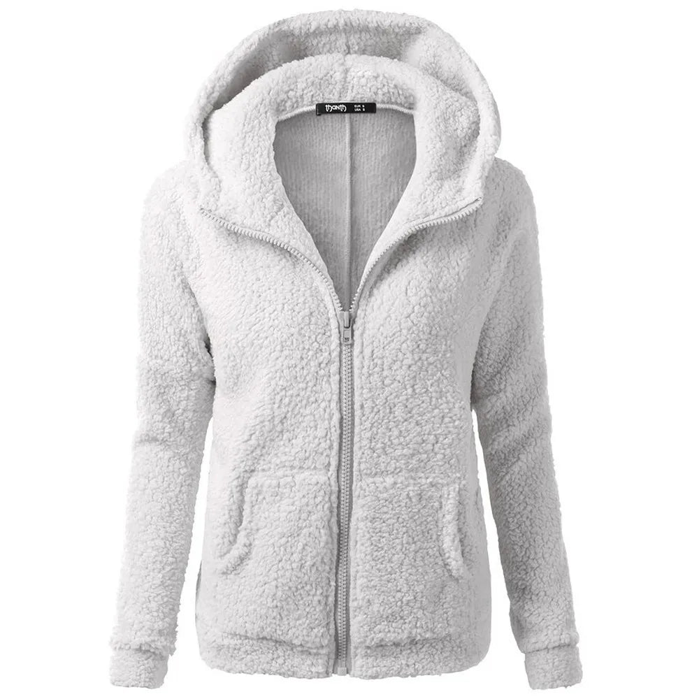 Women's Winter Fleece Hooded Overcoat, Loose Solid Color