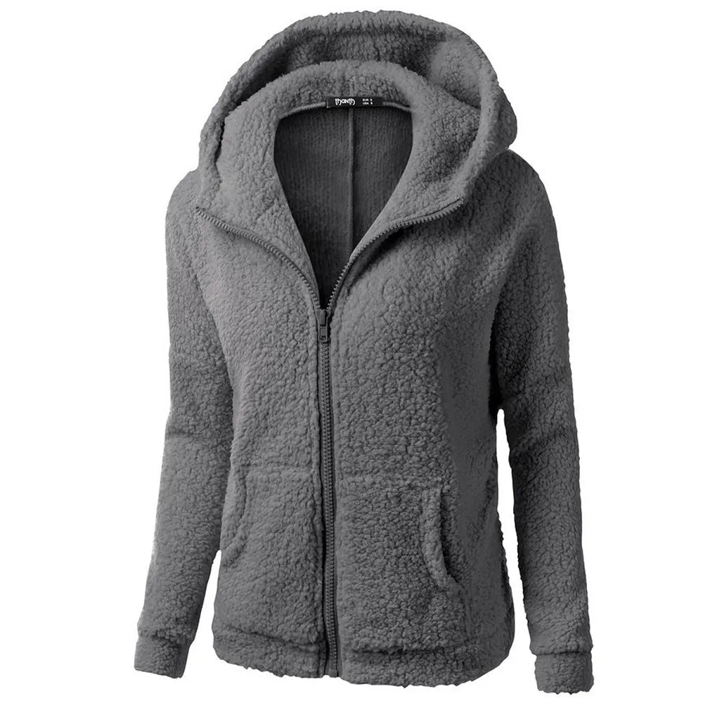 Women's Winter Fleece Hooded Overcoat, Loose Solid Color