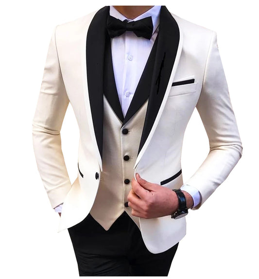 White Slit Men's Suits 3 Piece Black Shawl Lapel Casual Groom Tuxedo