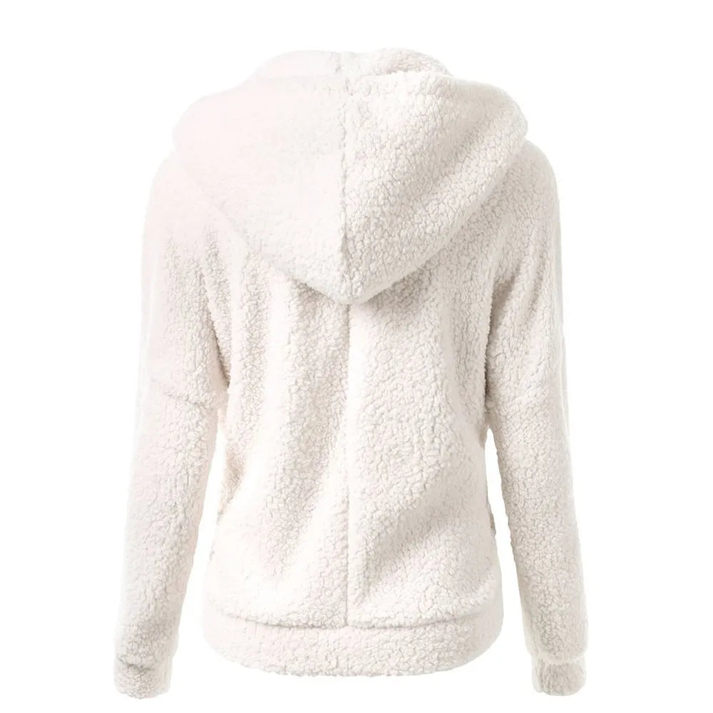 Women's Winter Fleece Hooded Overcoat, Loose Solid Color