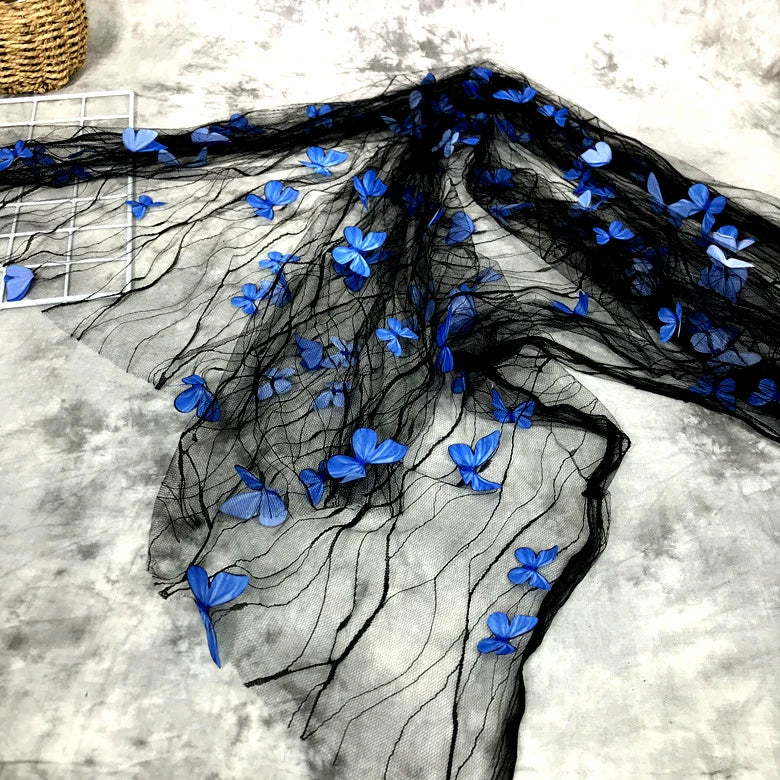 Black transparent blue 3D butterfly flower lace mesh fabric