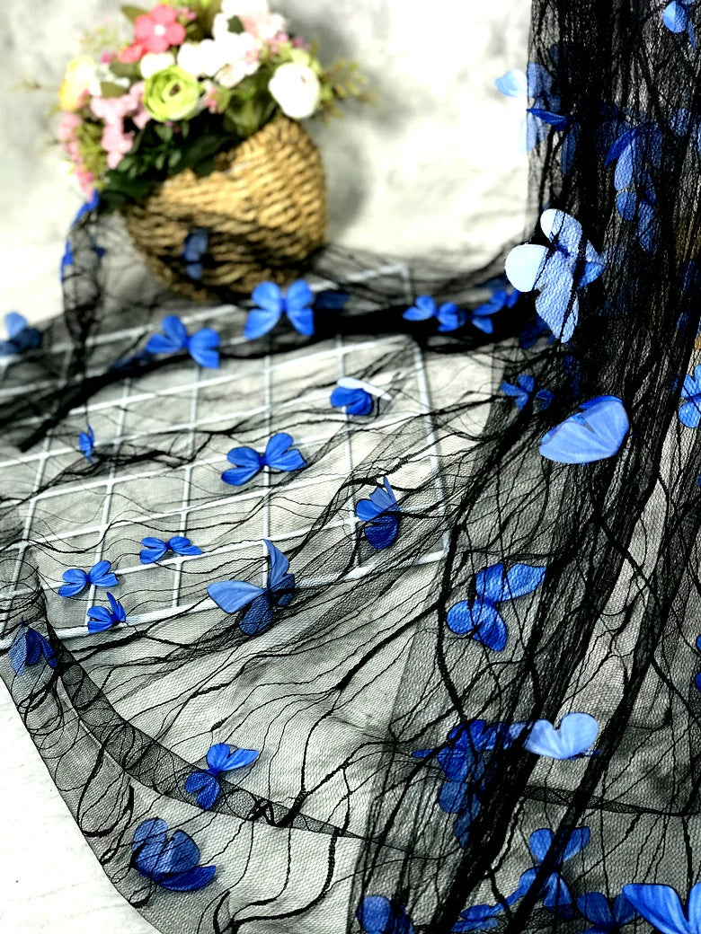 Tissu en maille de dentelle de fleur de papillon 3D bleu transparent noir