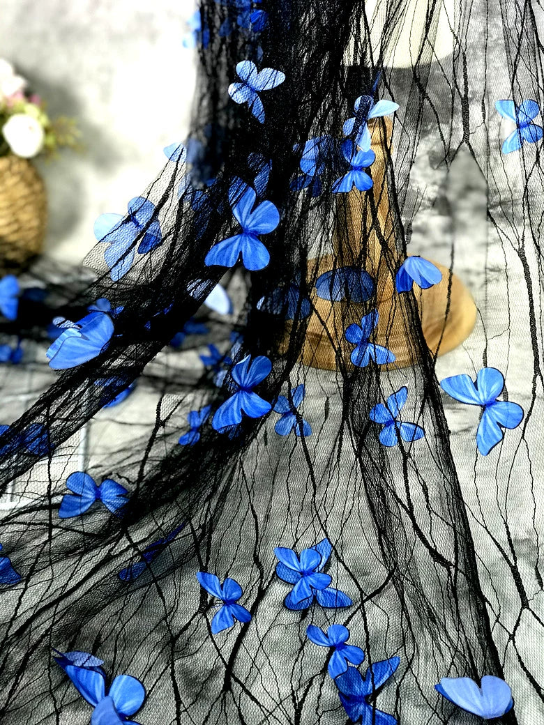 Black transparent blue 3D butterfly flower lace mesh fabric