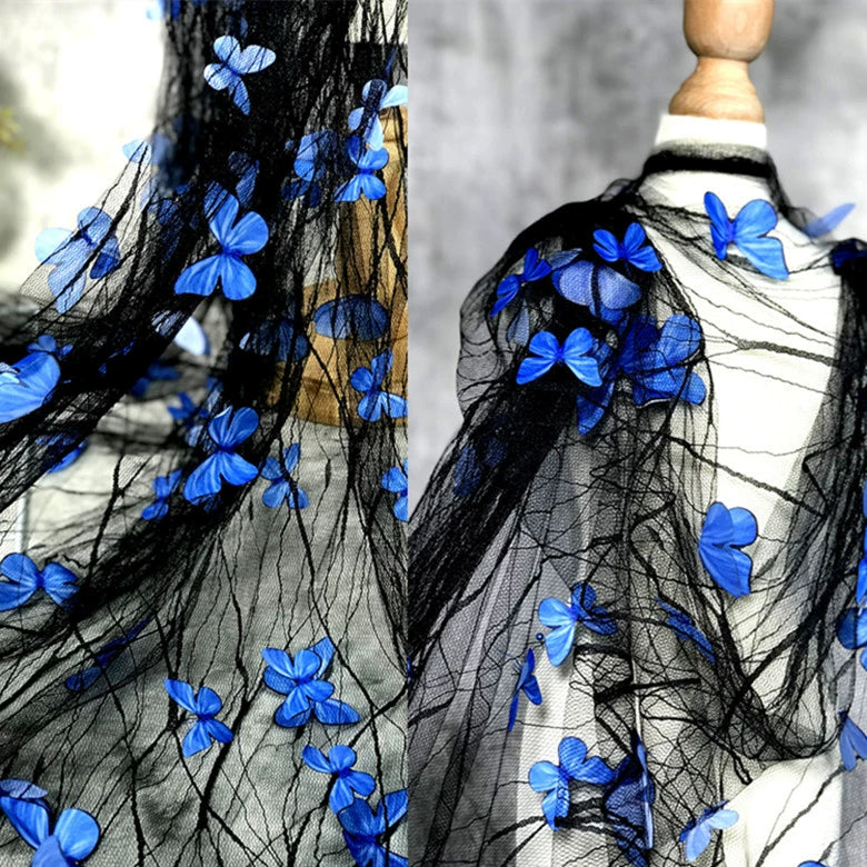 Tissu en maille de dentelle de fleur de papillon 3D bleu transparent noir