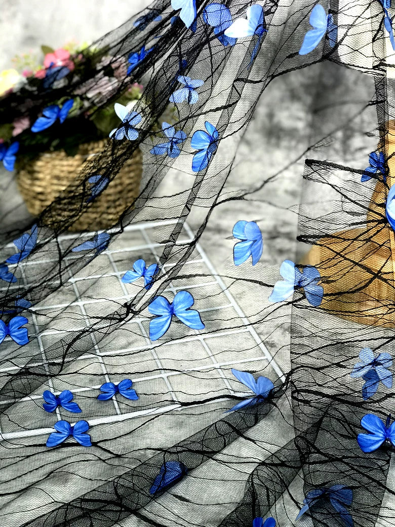 Black transparent blue 3D butterfly flower lace mesh fabric