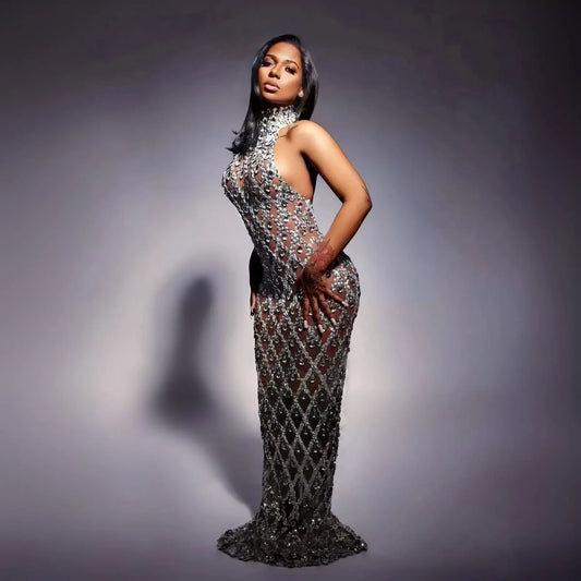 Flashing Silver Rhinestone Crystals Transparent Long Evening Party Dress