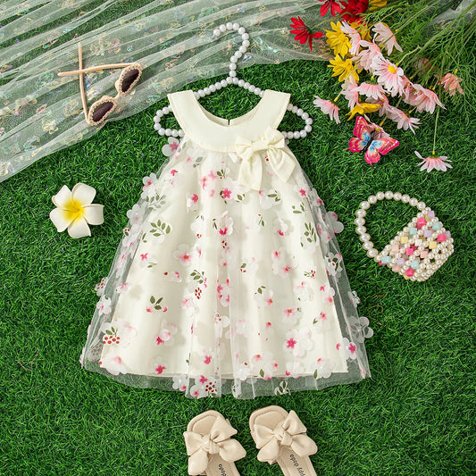 Summer Halter Floral Mesh Round Neck Princess Dress for Girls