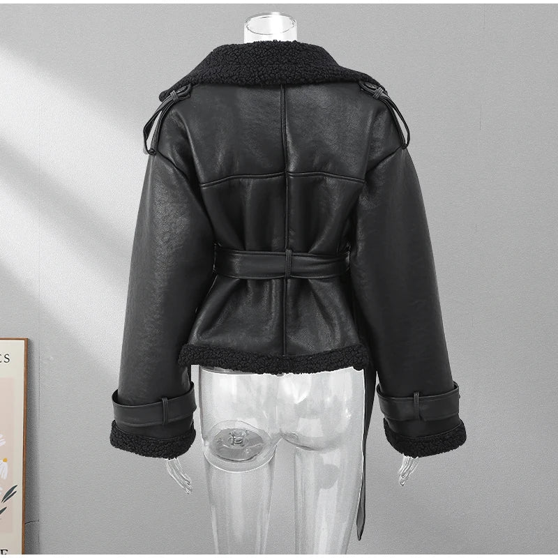 Warm Leather Jackets for Women with Belt