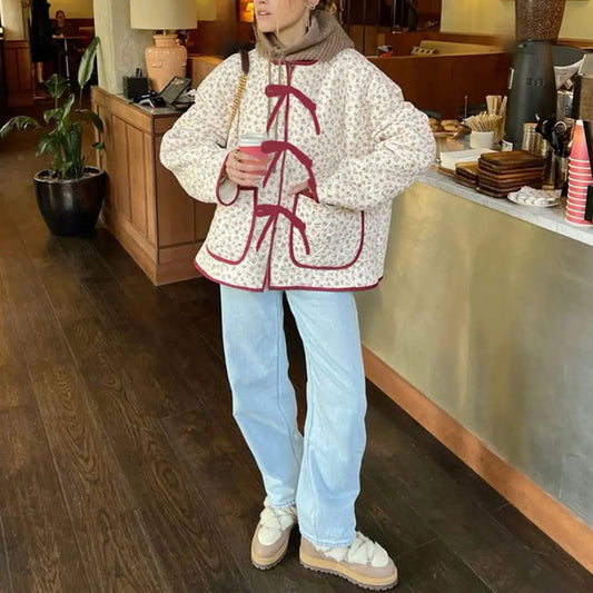 Women's Vintage Loose Fit Coat-Round Neck Long Sleeve Floral/Plaid Puffer Jacket