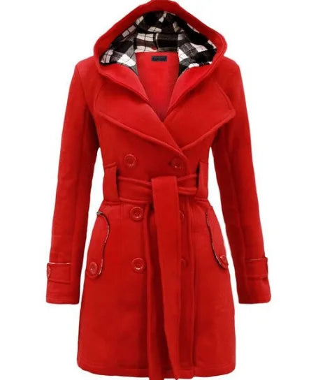 Hooded double-breasted Long Coat with Belt For Women