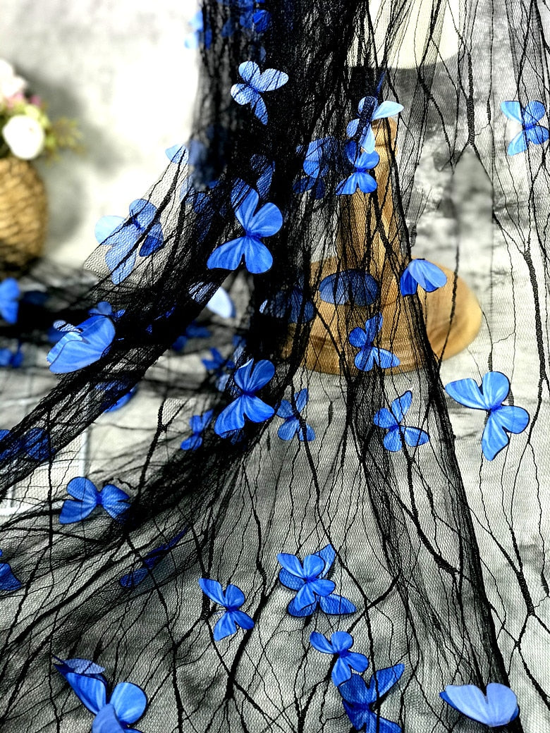 Black transparent blue 3D butterfly flower lace mesh fabric