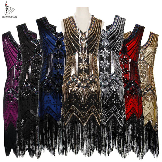Women's Vintage Great Gatsby Dress-Sequins V-Neck Tassels Bodycon Beaded Party Dress