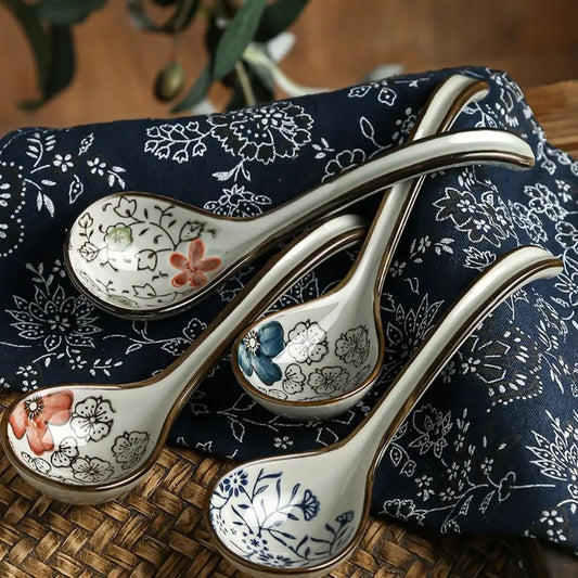 Chinese Retro Ceramic Floral Spoons