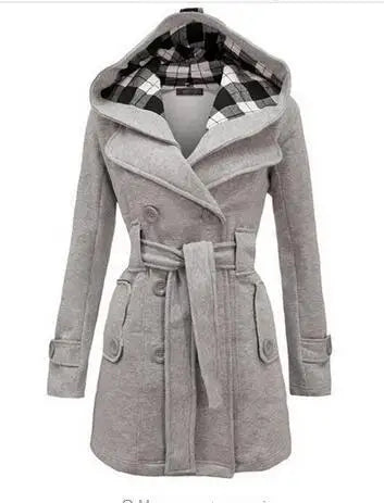 Hooded double-breasted Long Coat with Belt For Women