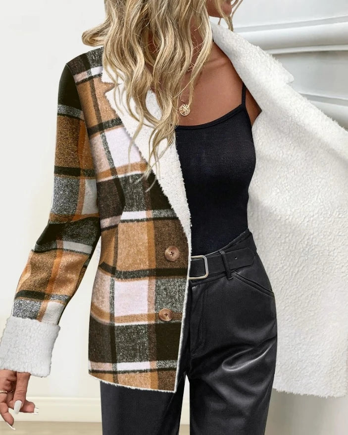 Women's Fashion Plaid Notched Collar Long Sleeve Blazer, Button Front Fleece Lined Casual Coat