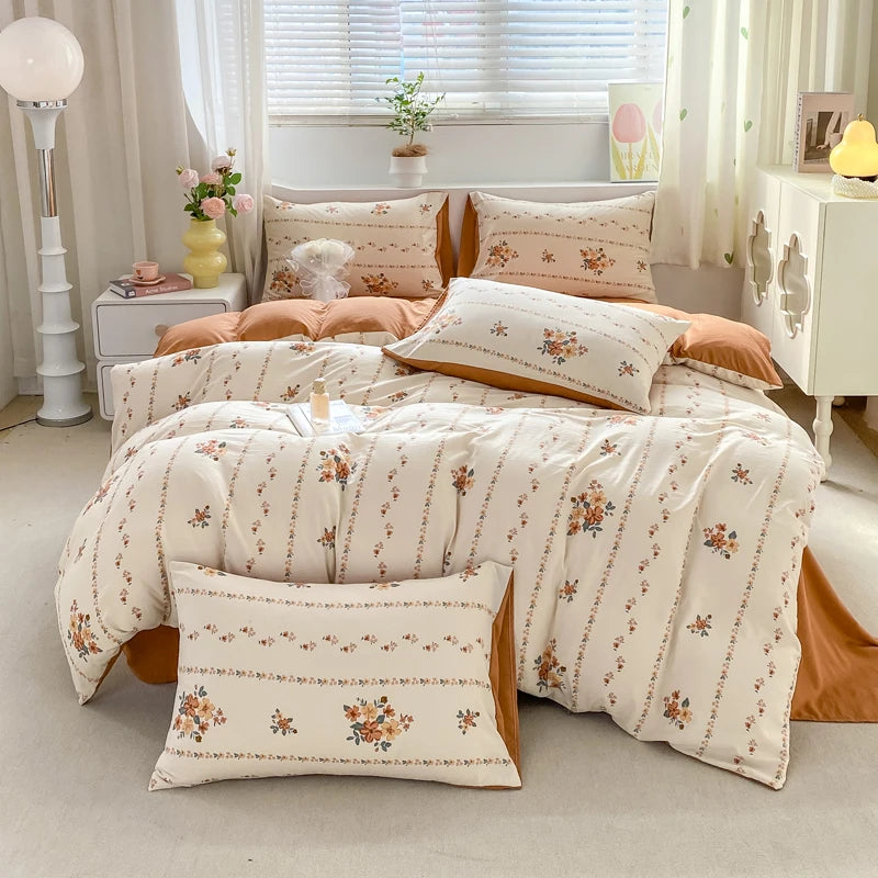 Korean Retro Floral Bedding Set, 100% Cotton Soft Duvet Cover-No insert