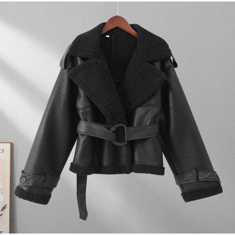 Warm Leather Jackets for Women with Belt