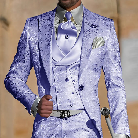 Wedding Tuxedos-Jacquard Men Suits Peaked Lapel 4 Piece Set Jacket Vest Pants
