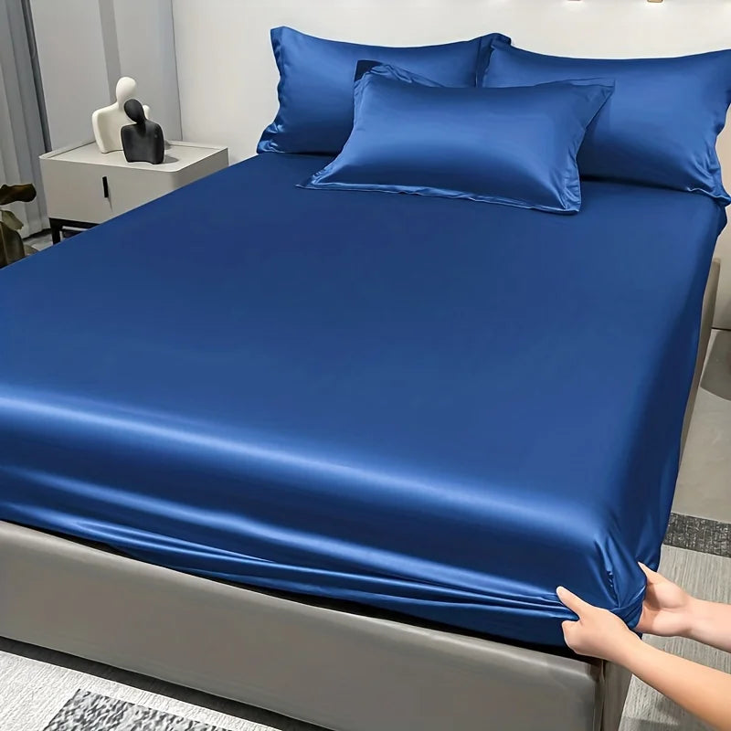 Drap-housse élégant en satin de couleur unie - Couvre-lit en soie glacée lisse pour chambre à coucher - Literie (taies d'oreiller exclues)