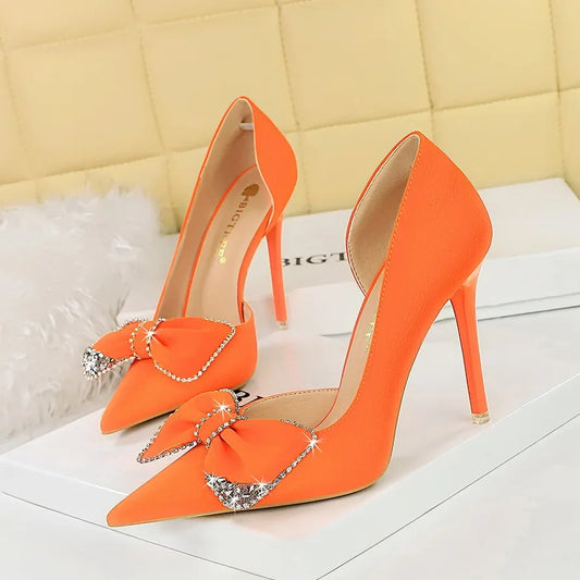 Women's Stylish 11cm Thin High Heeled Party Pumps with Rhinestone & Bowknot