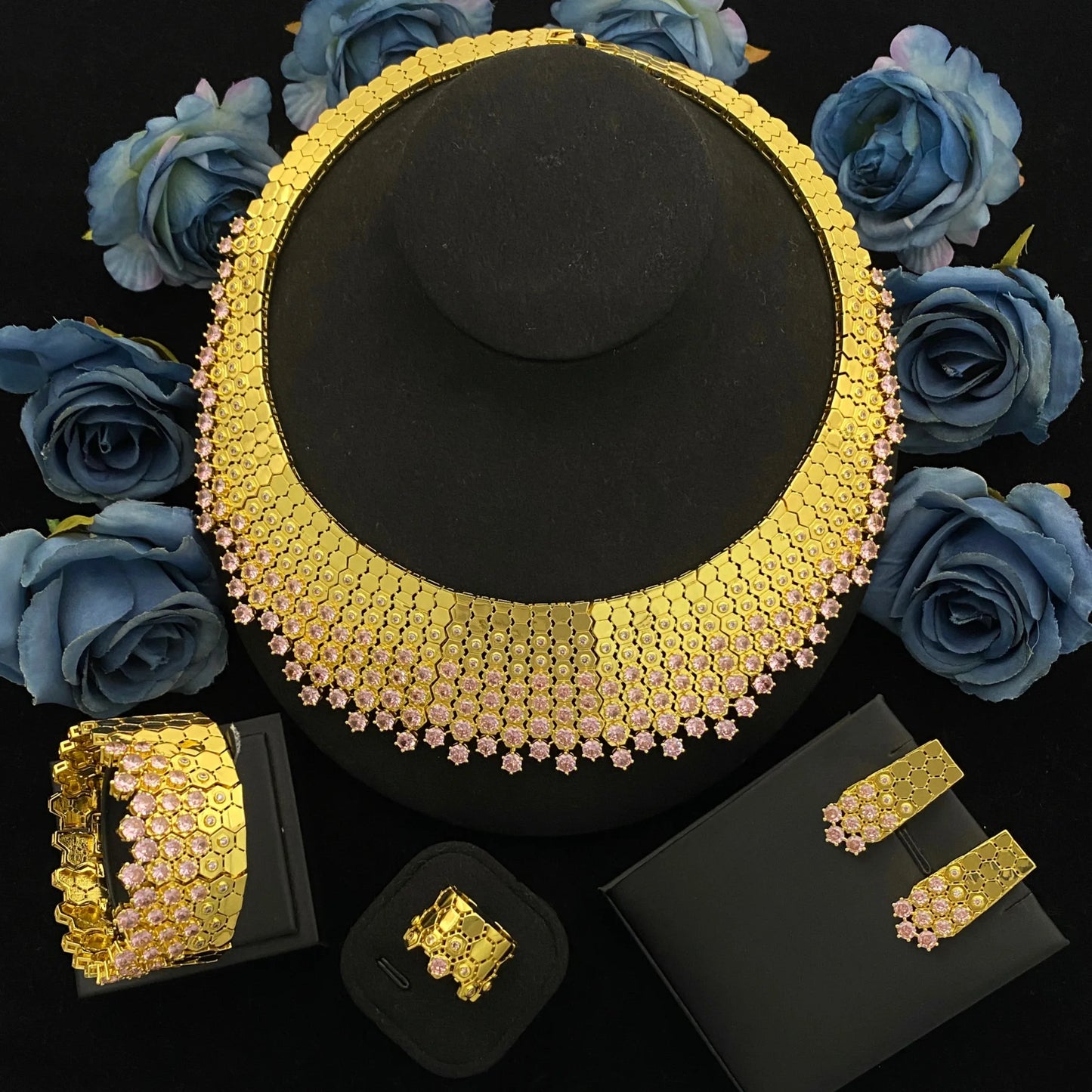 Timeless Elegant Jewelry Set 4-Piece Zirconia Necklace Earrings Bracelet Ring Plated