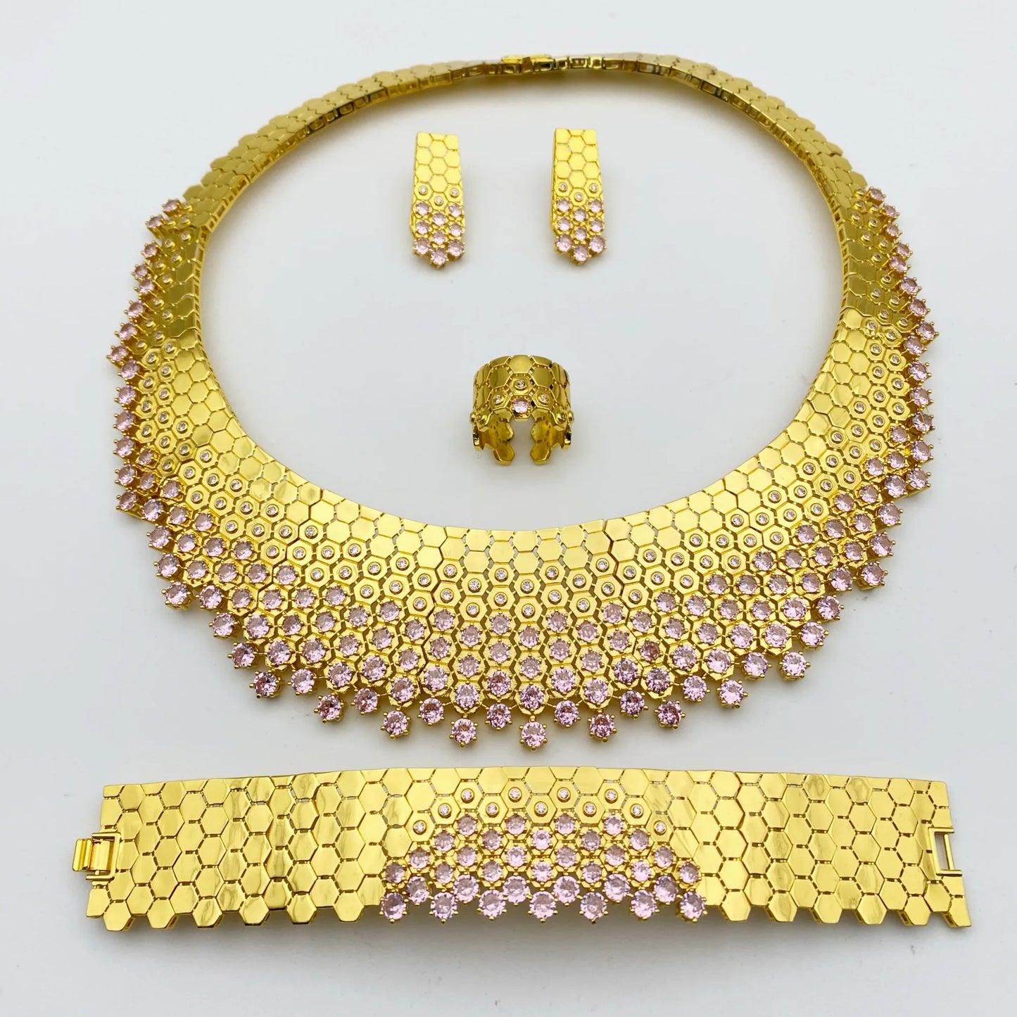 Timeless Elegant Jewelry Set 4-Piece Zirconia Necklace Earrings Bracelet Ring Plated