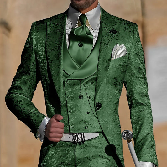 Wedding Tuxedos-Jacquard Men Suits Peaked Lapel 4 Piece Set Jacket Vest Pants